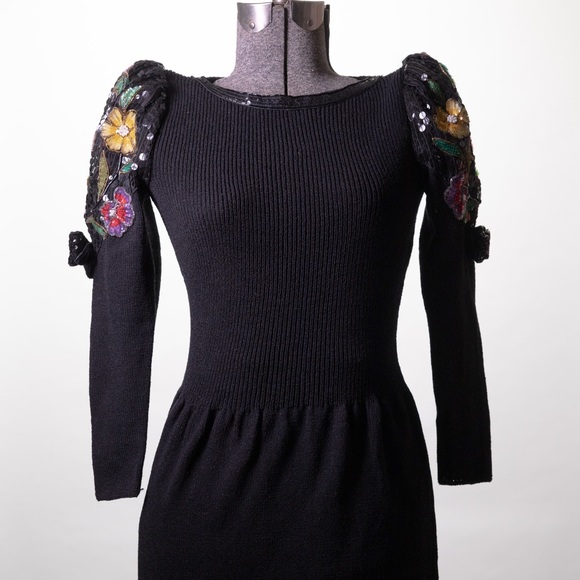 80s Cocktail Dress / Vintage Prom / Puff Sleeve / Luxury knit / Wool - Picture 3 of 9